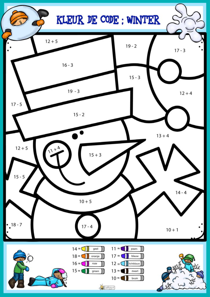 Kleur De Code Thema Winterpret Rekenen Groep 3 Sommen Tm 20 Juf Bijtje Jufbijtje Nl